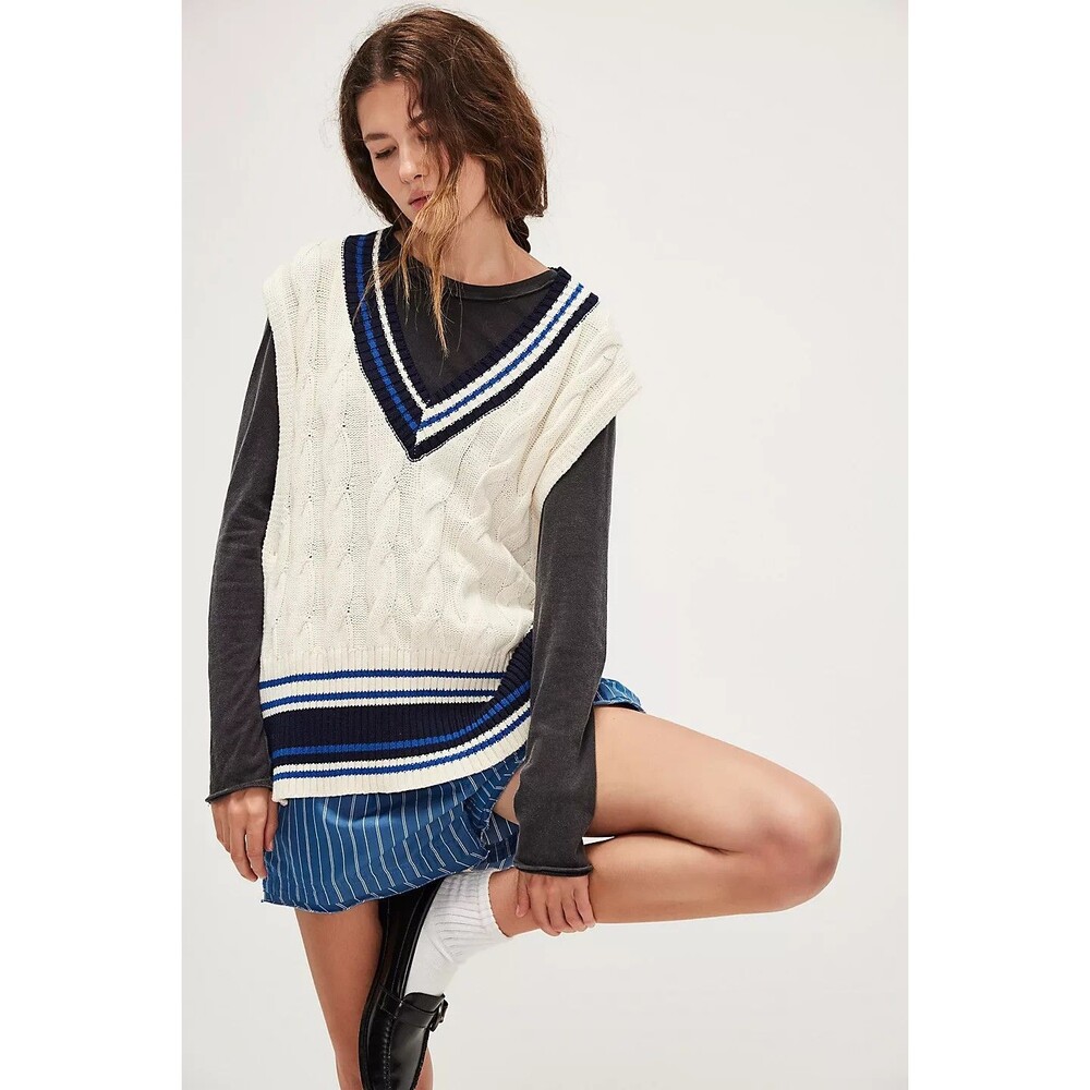 Free People Coastal Prep Poncho Vest Cable Knit One Size Cream Blue NEW